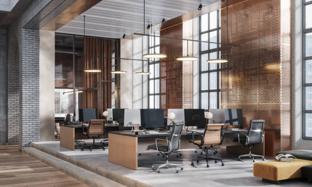 3D image of a large coworking office space. Computer generated image of an open plan office interior.
