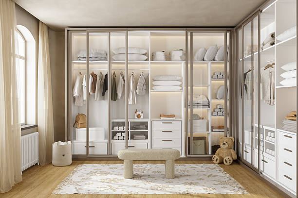 Modern Children's Dressing Room with Organized Wardrobe and Soft Neutral Decor