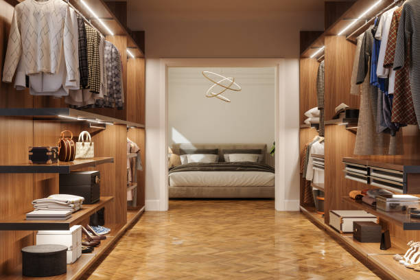 Modern Bedroom And Dressing Room Interior With Shoes, Bags And Hanging Clothes